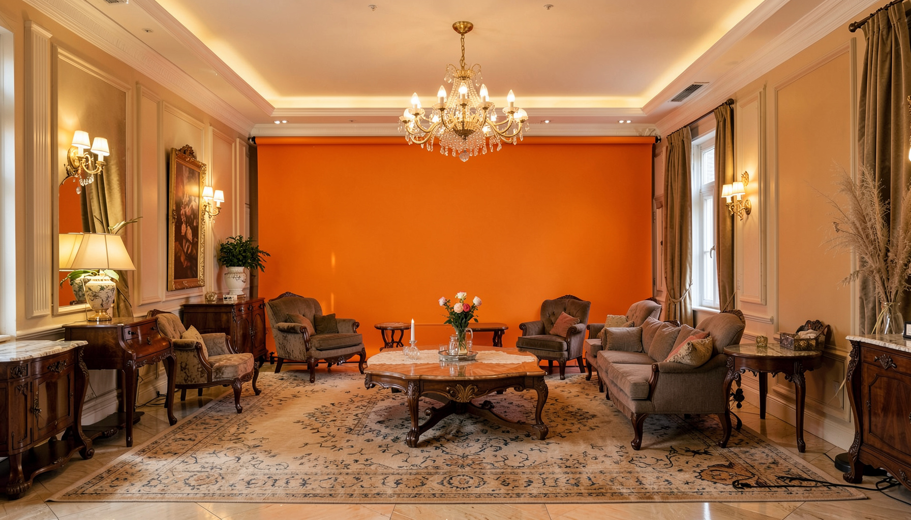 Elegant hotel lobby with classic furnishings, soft golden lighting, and a welcoming lounge area