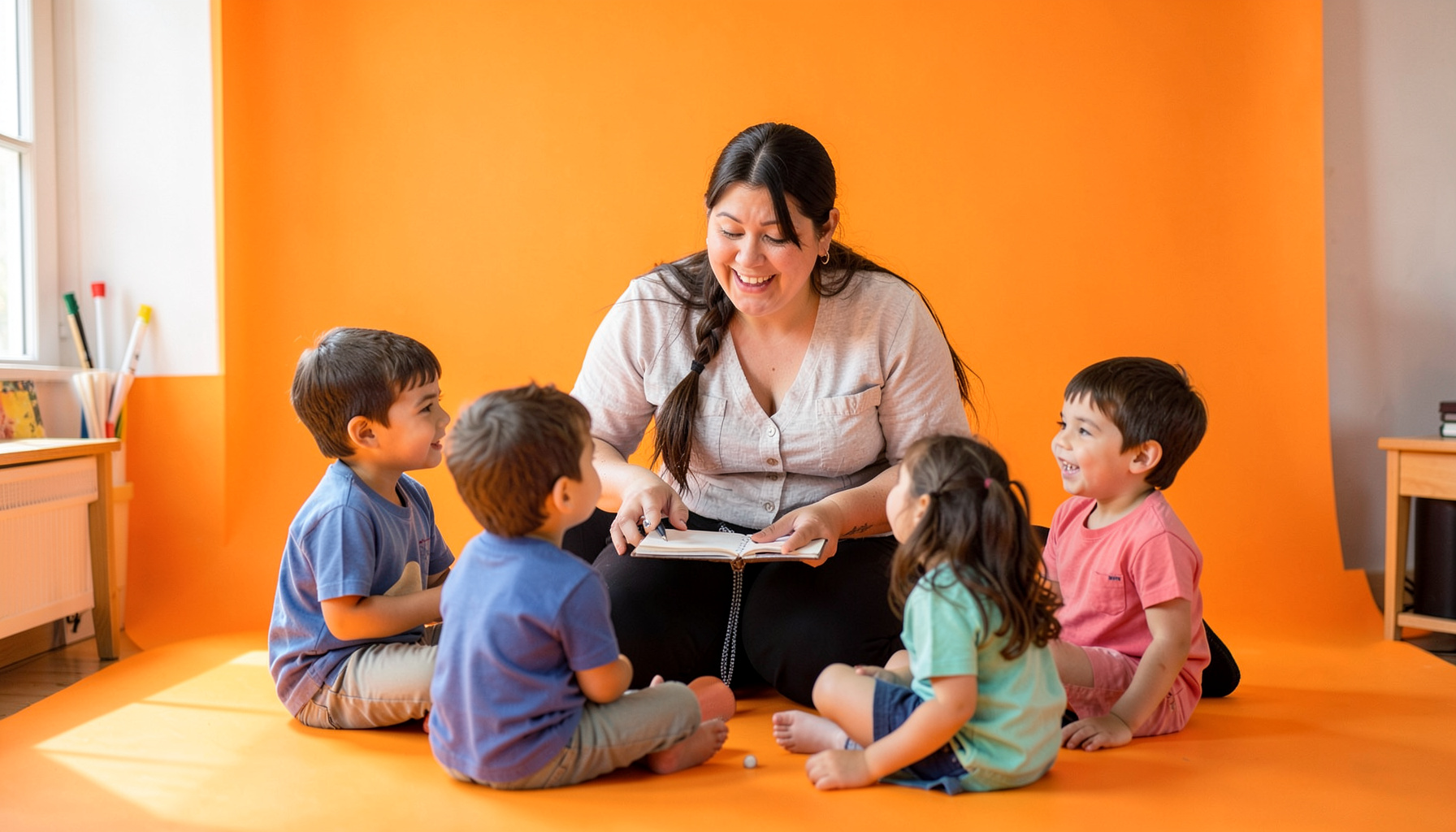 Music teacher working with a small group of children in a bright classroom, warm natural light, focused and encouraging atmosphere