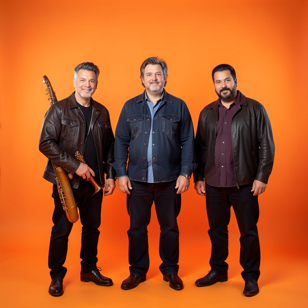 Quartet of musicians captured mid-performance under stage lights, warm tones